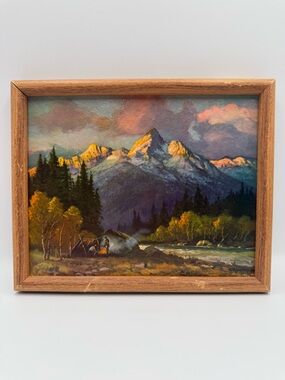 MID-CENTURY VINTAGE ROBERT WOOD MOUNTAIN CAMPERS FRAMED PRINT - 8.5x10 ( As Is)